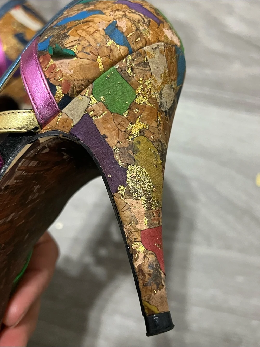 Adora Vintage Metallic Heels Strappy  Cork Mosaic Size 7 M  Colorful Shoes Y2K